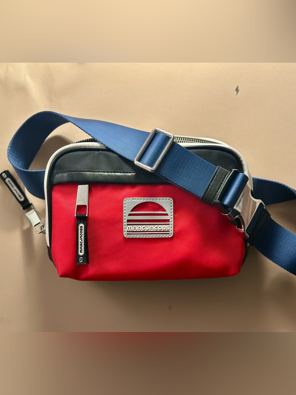 Marc Jacobs Red Nylon Belt Bag with Blue Strap and Silver Hardware